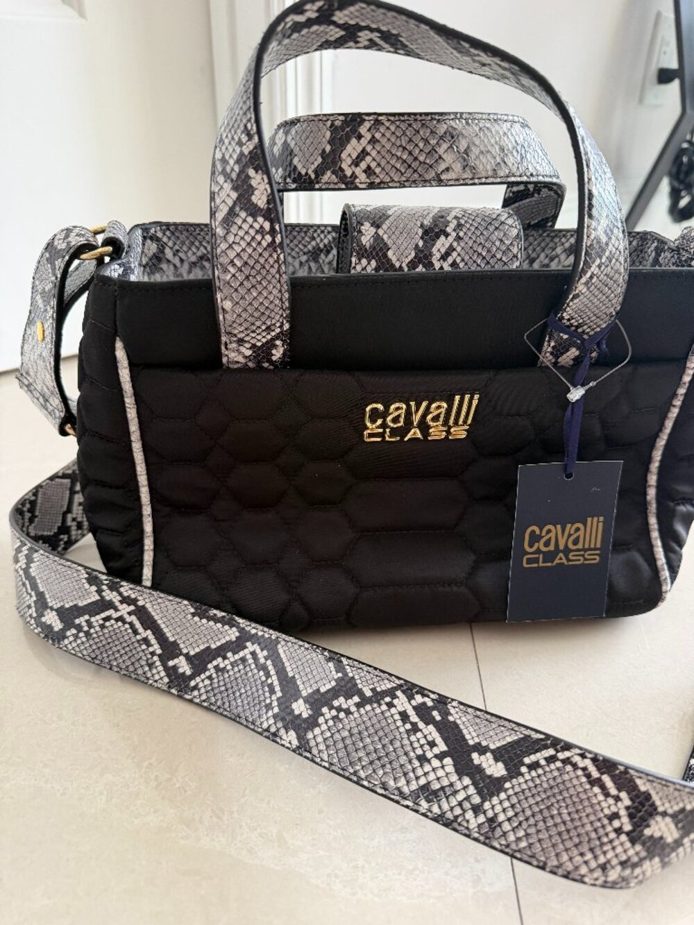 Cavalli Class Milano RMX Crossbody Satchel/Handbag – Black Leopard Accent
